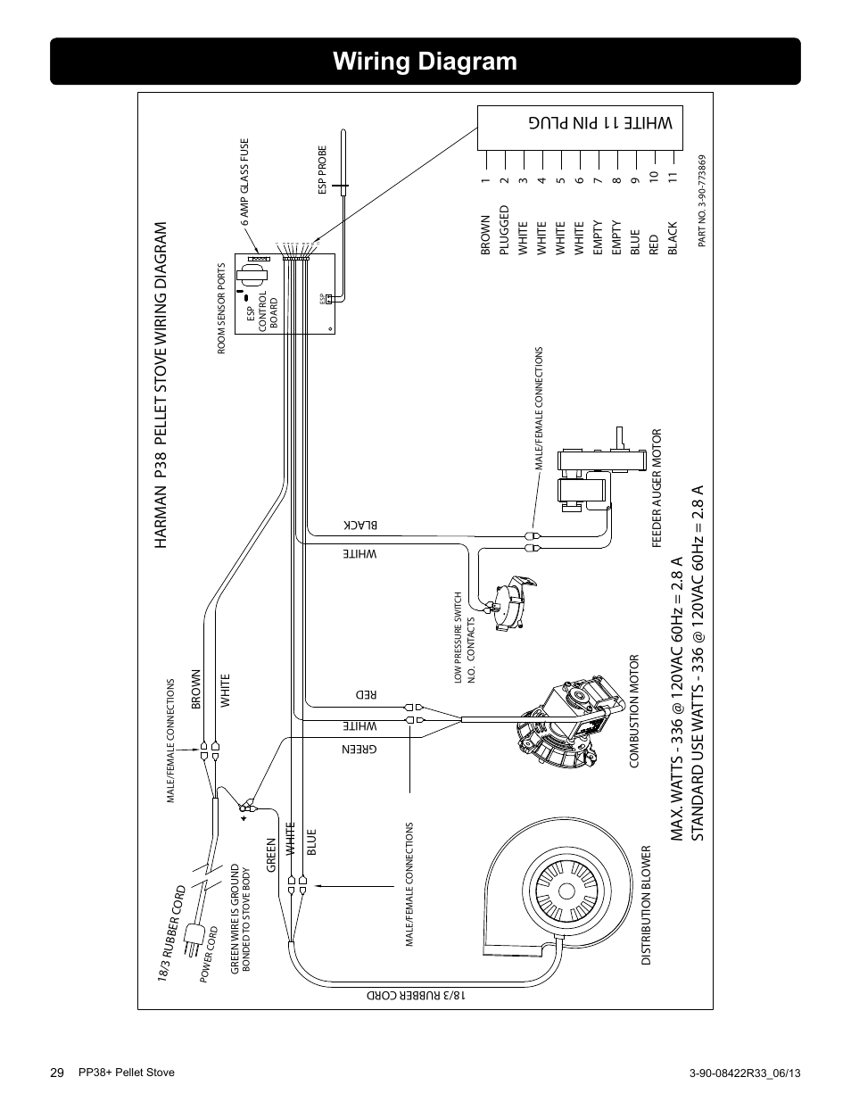 Wiring diagram, White 11 pin plug, Harm an p38 pelle t st ove wiring