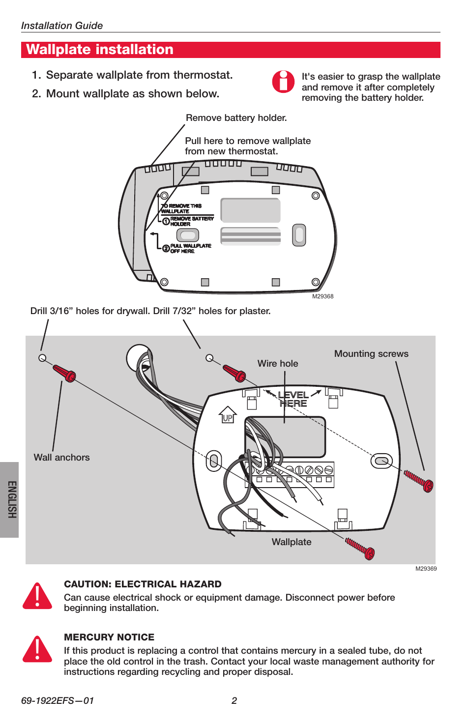 Wallplate installation | Honeywell FocusPRO TH5000 Series User Manual