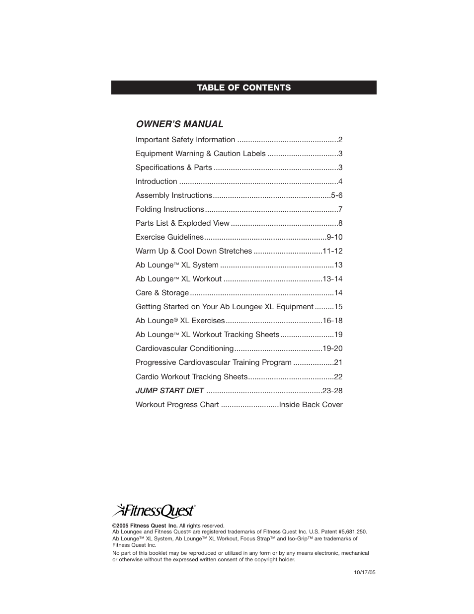 Fitness Quest Quest Ab Lounge XL System User Manual Page 2 / 31