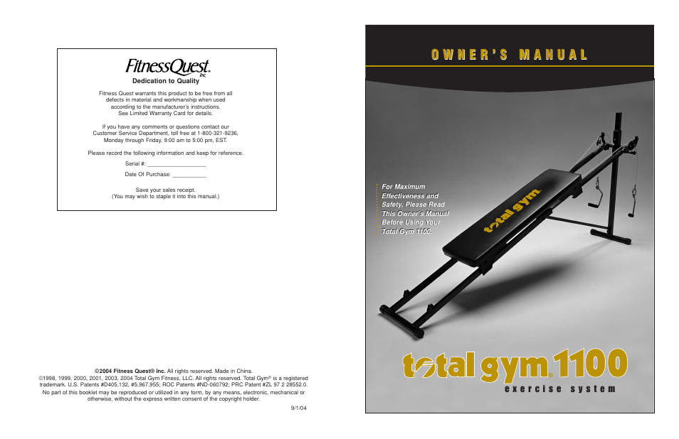Fitness Quest TOTAL GYM 1100 User Manual | 7 pages