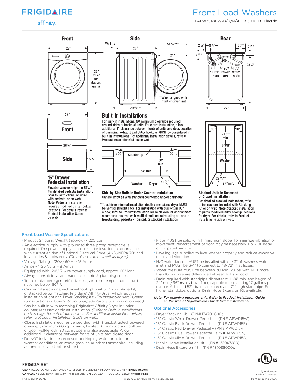 Front load laundry - washer frigidaire affinity, Front load washers