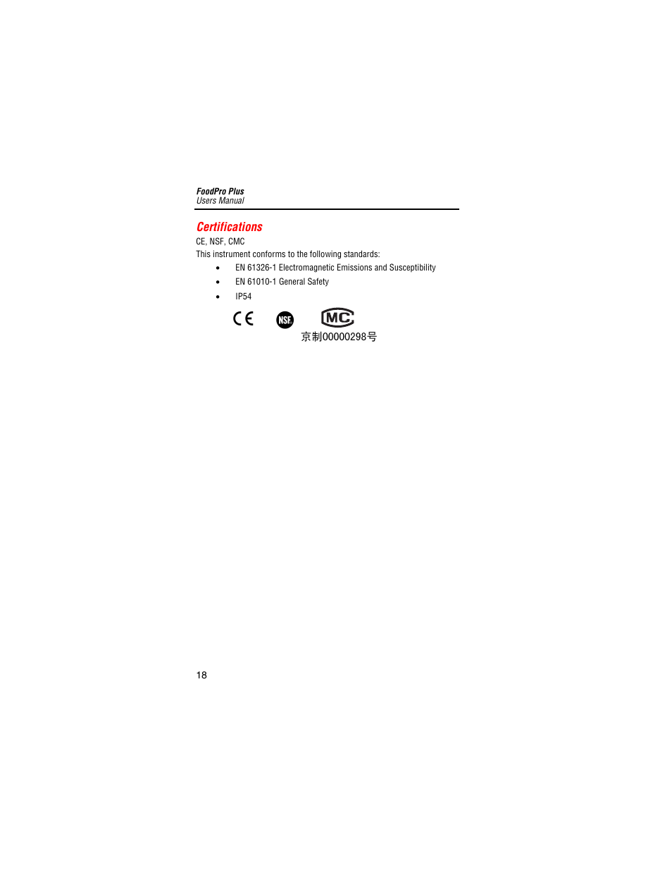 Certifications | Fluke FoodPro Plus Food Safety Thermometer User Manual