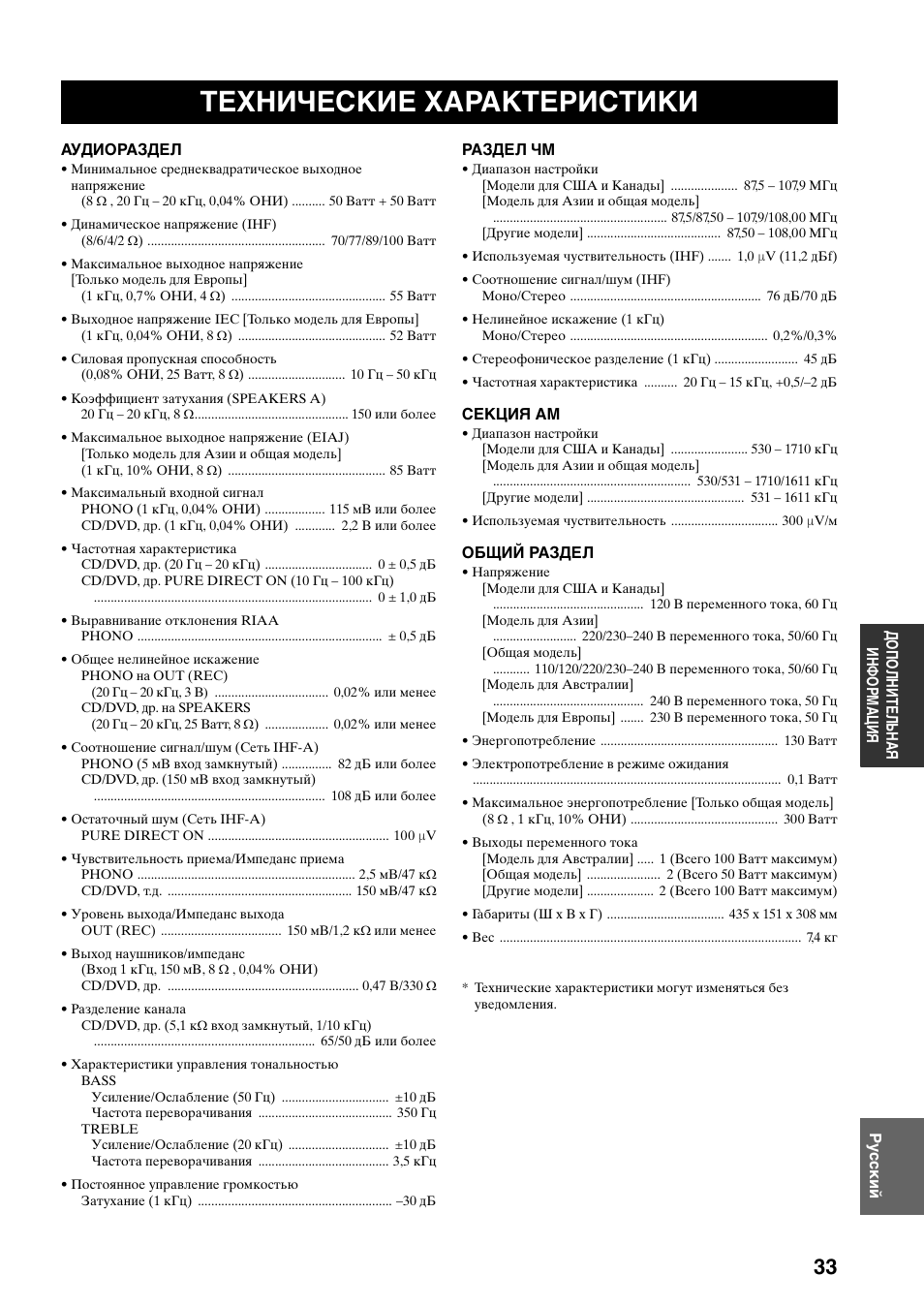 Технические характеристики | Yamaha RX-397 User Manual | Page 205 / 206