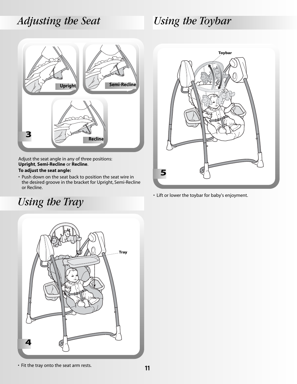 Adjusting The Seat Using The Tray Using The Toybar Fisher