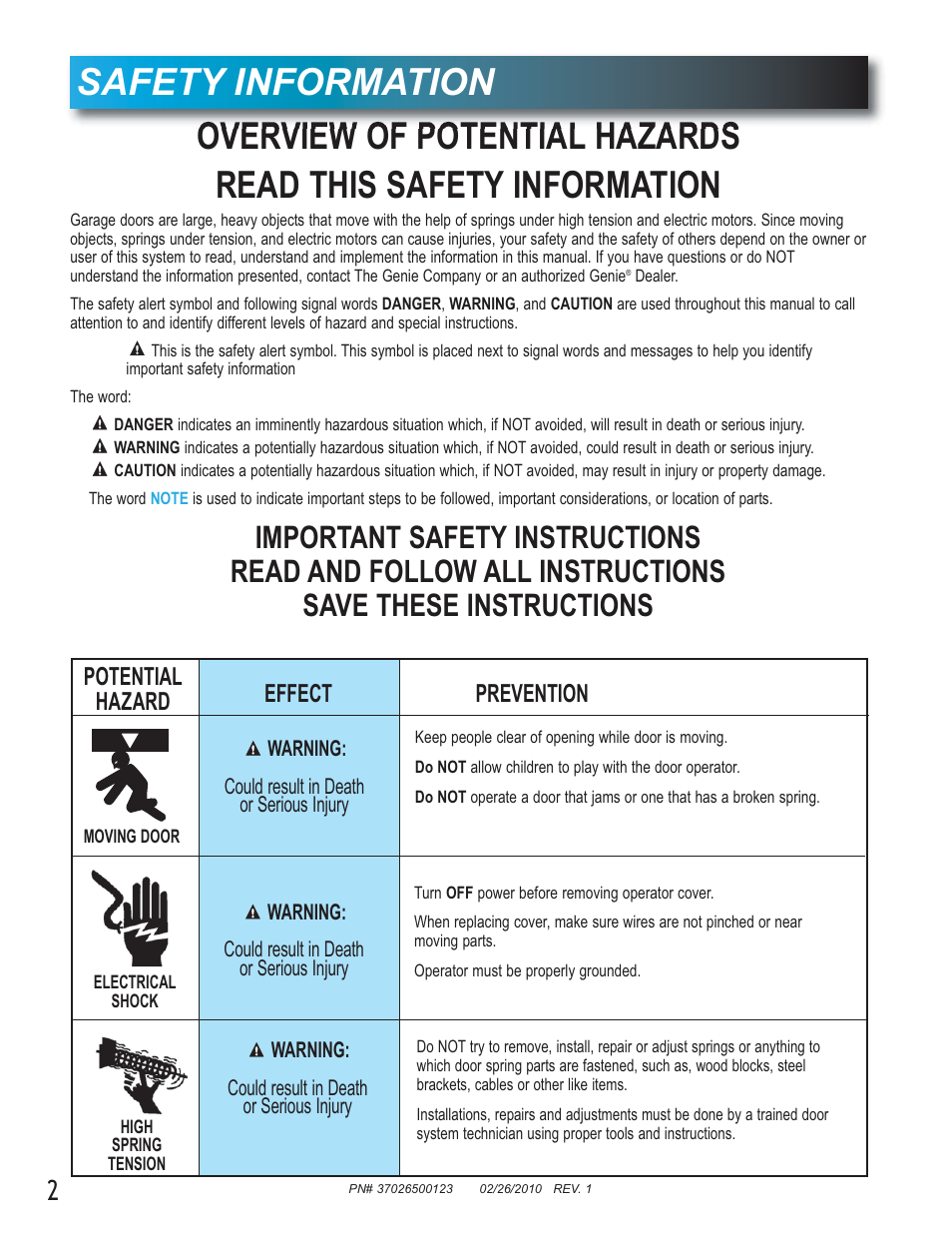 Safety information | Genie Model 2022 User Manual | Page 2 / 30