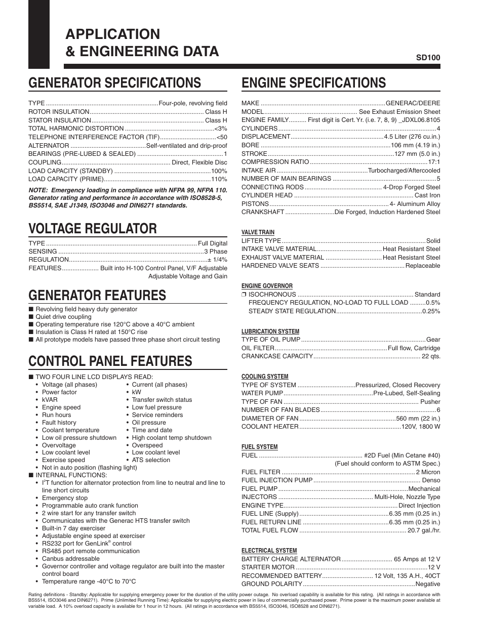 Generator specifications, Engine specifications, Voltage regulator