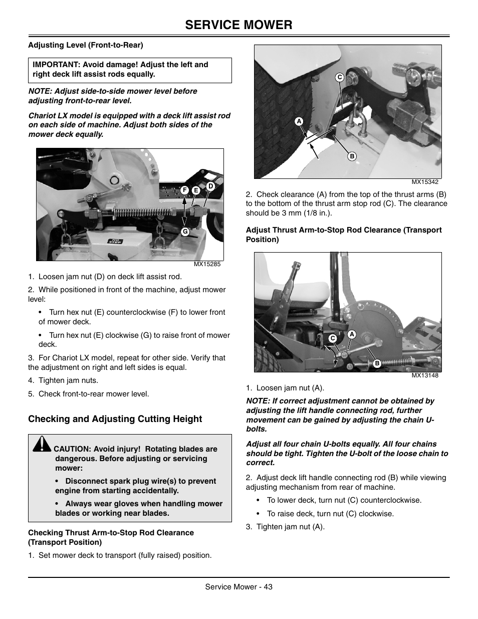 Adjusting level (front-to-rear), Checking and adjusting cutting height