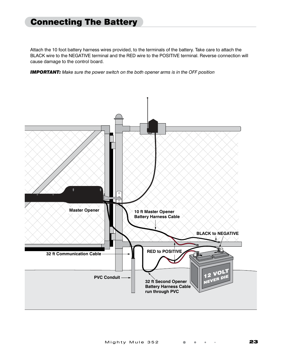 Connecting the battery | GTO Mighty Mule 352 User Manual | Page 27 / 48