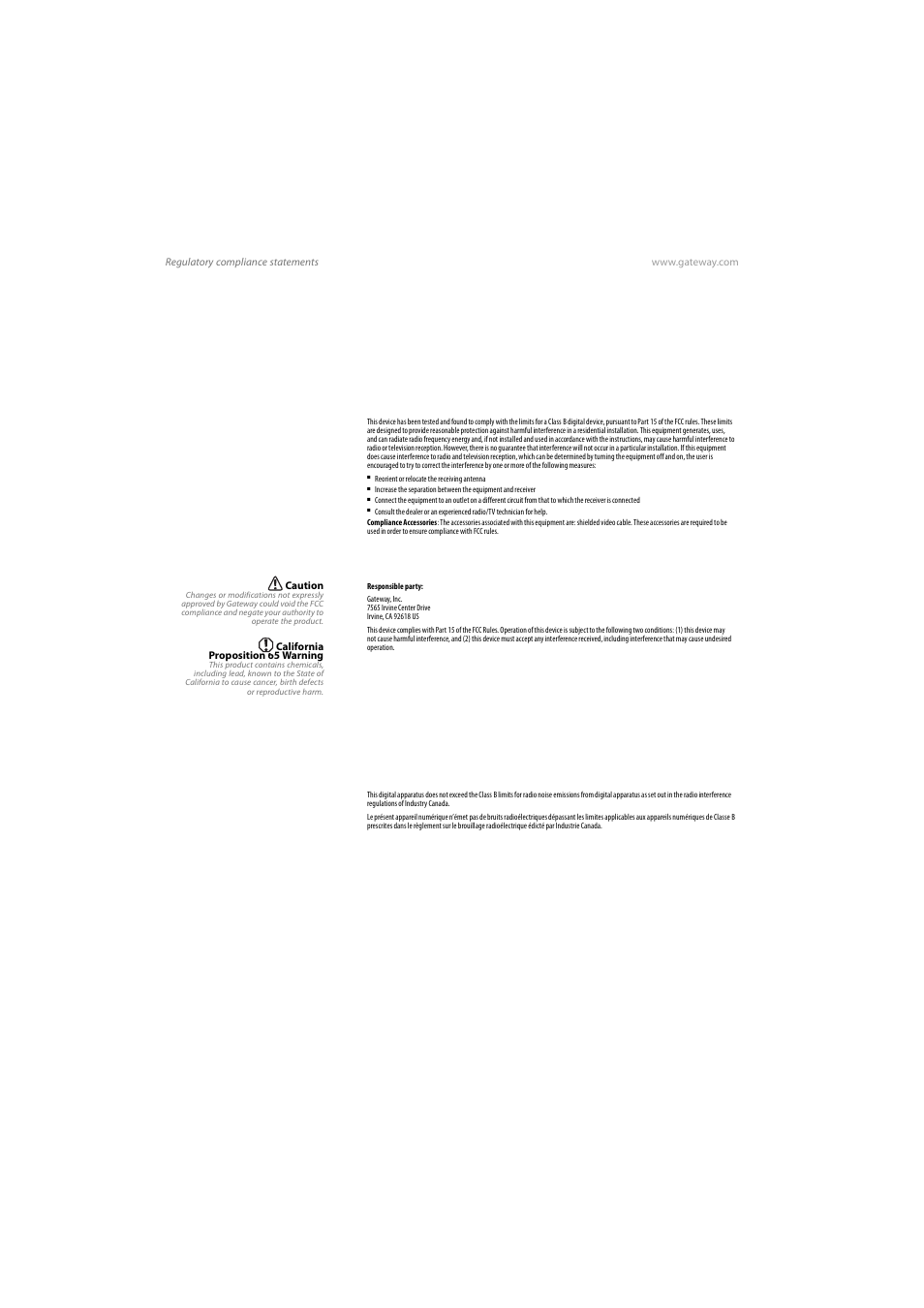 Regulatory compliance statements, United states of america, Canada | Gateway VX765 User Manual |