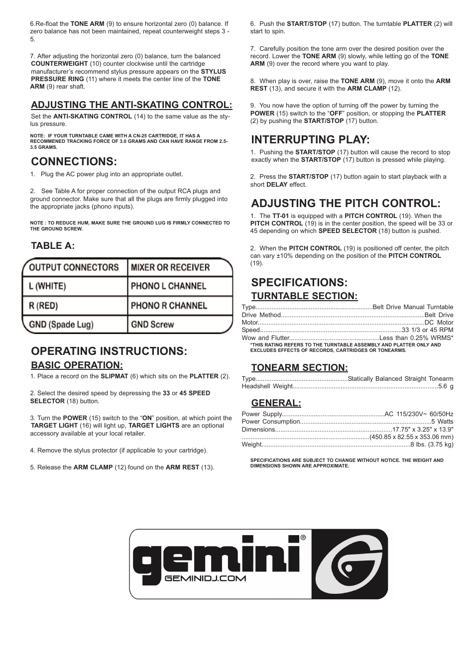 Connections, Operating instructions, Interrupting play | Gemini TT-01