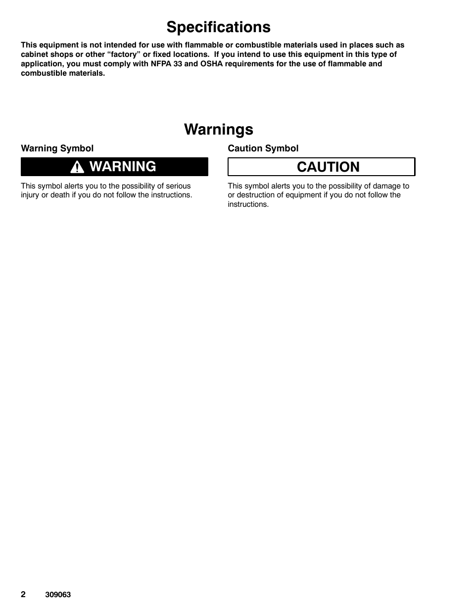 Specifications, Warnings, Warning | Graco 190ES 309063F User Manual
