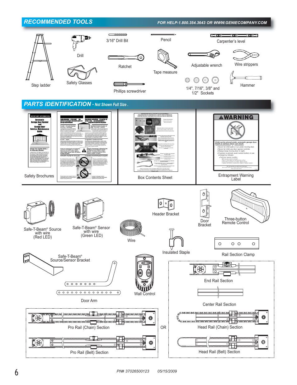 Recommended tools, Parts identification, Not shown full size . three
