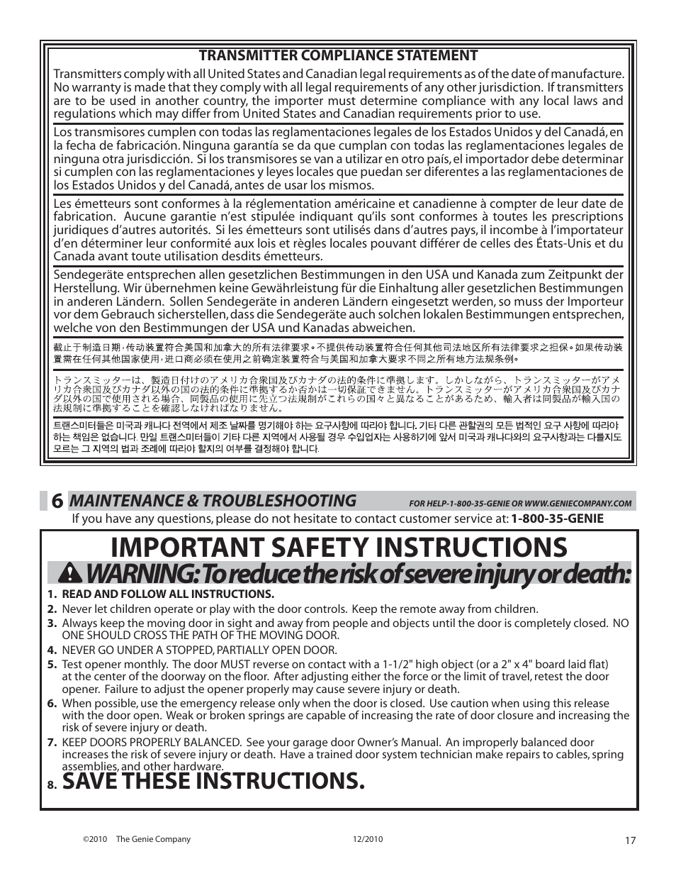 Save these instructions, Maintenance & troubleshooting | Genie INTELLIG