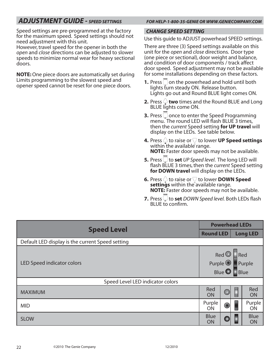 Adjustment guide, Speed level | Genie INTELLIG 1000 3024 User Manual