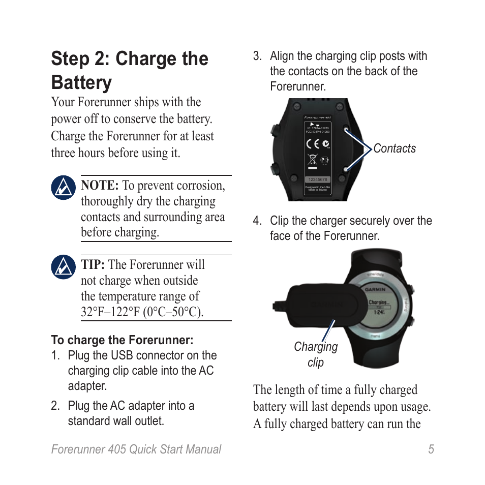 Step 2: charge the battery, Forerunner 405 quick start manual 5