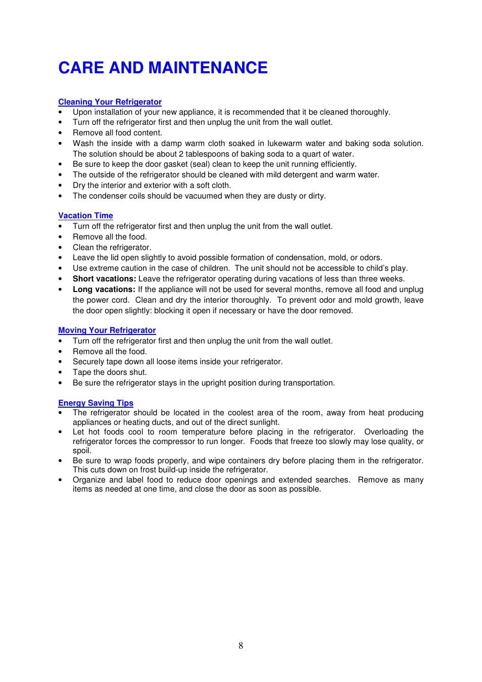 Care and maintenance | Magic Chef MCBR1010W User Manual | Page 9 / 12