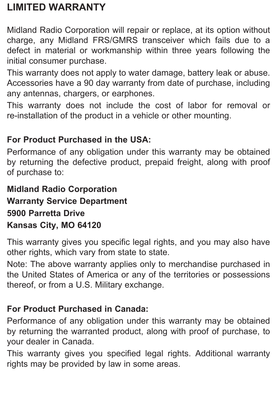 Limited warranty | MIDLAND X-TRA TALK LXT118 User Manual | Page 8 / 12