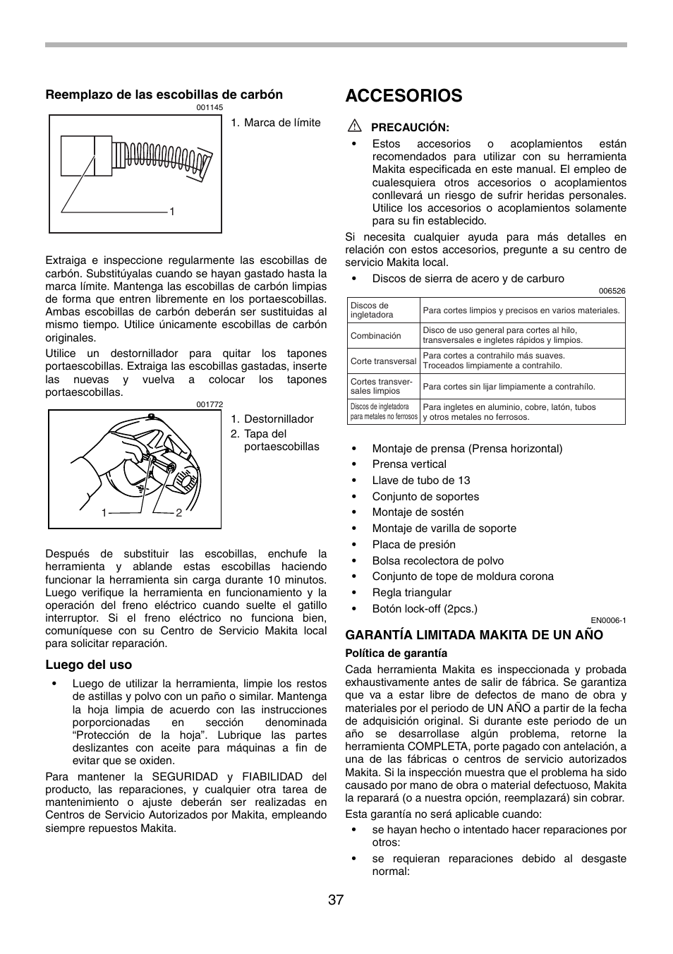 Accesorios | Makita LS1030N User Manual | Page 37 / 40