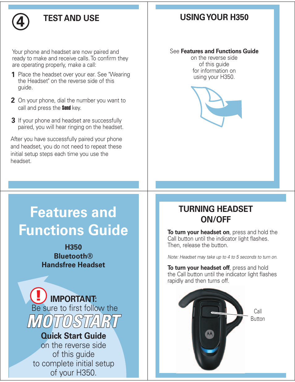 Features and functions guide | Motorola H350 User Manual | Page 3 / 5