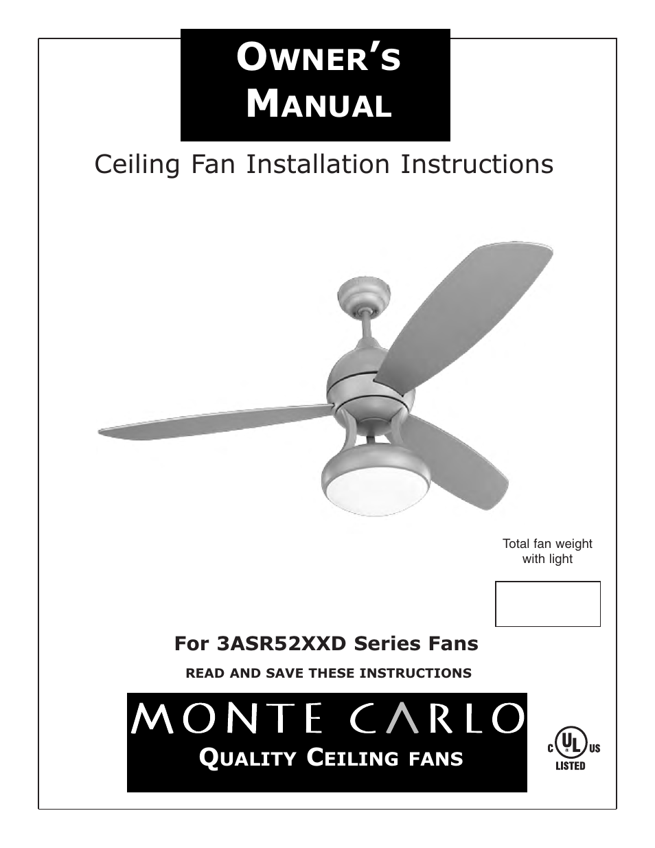 Monte Carlo Fan Company 3asr52xxd User Manual 7 Pages
