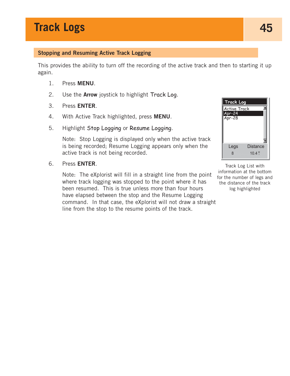 Stopping and resuming active track logging, Track logs 45 | Magellan
