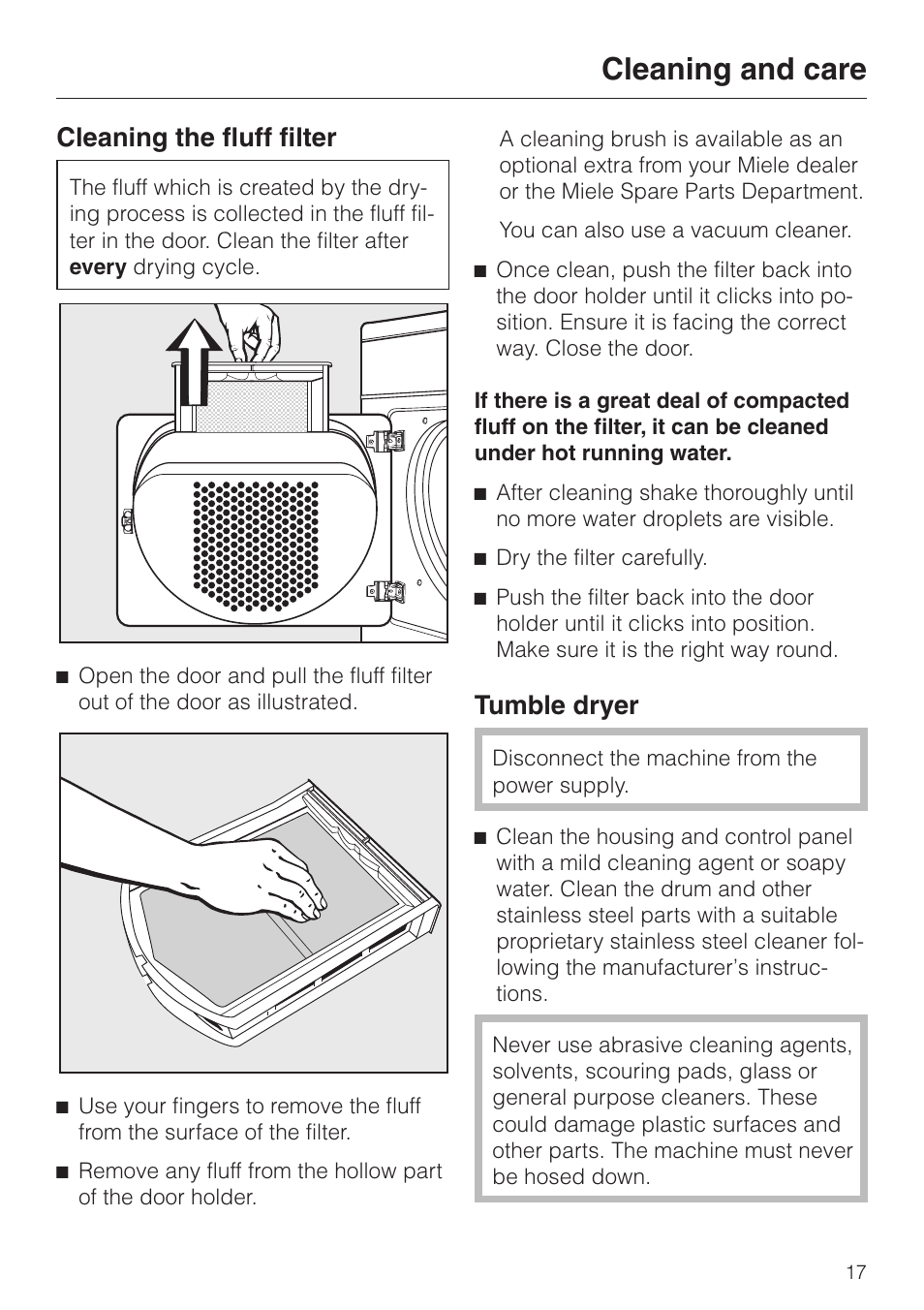 Cleaning and care 17, Cleaning the fluff filter 17, Tumble dryer 17