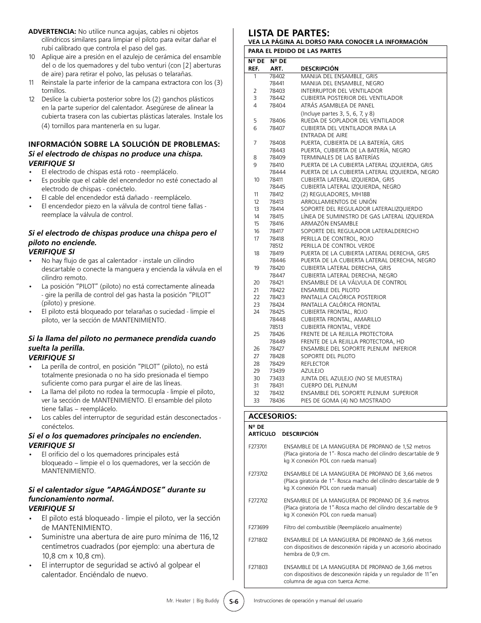 Lista de partes | Mr. Heater BIG BUDDY MH188 User Manual | Page 14 / 16