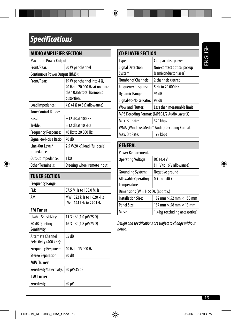 Specifications, English, General | JVC KD-G331 User Manual | Page 19 / 20
