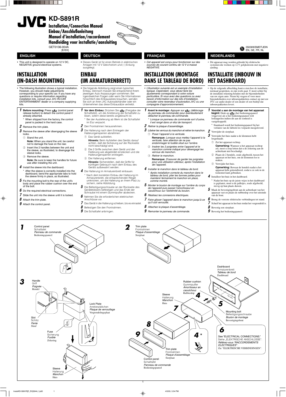 Installation/connection manual, Installation, Kd-s891r | Installation (in-dash
