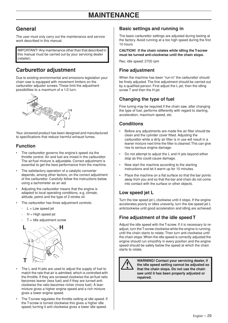 General, Carburettor adjustment, Function | Jonsered CS 2150 User