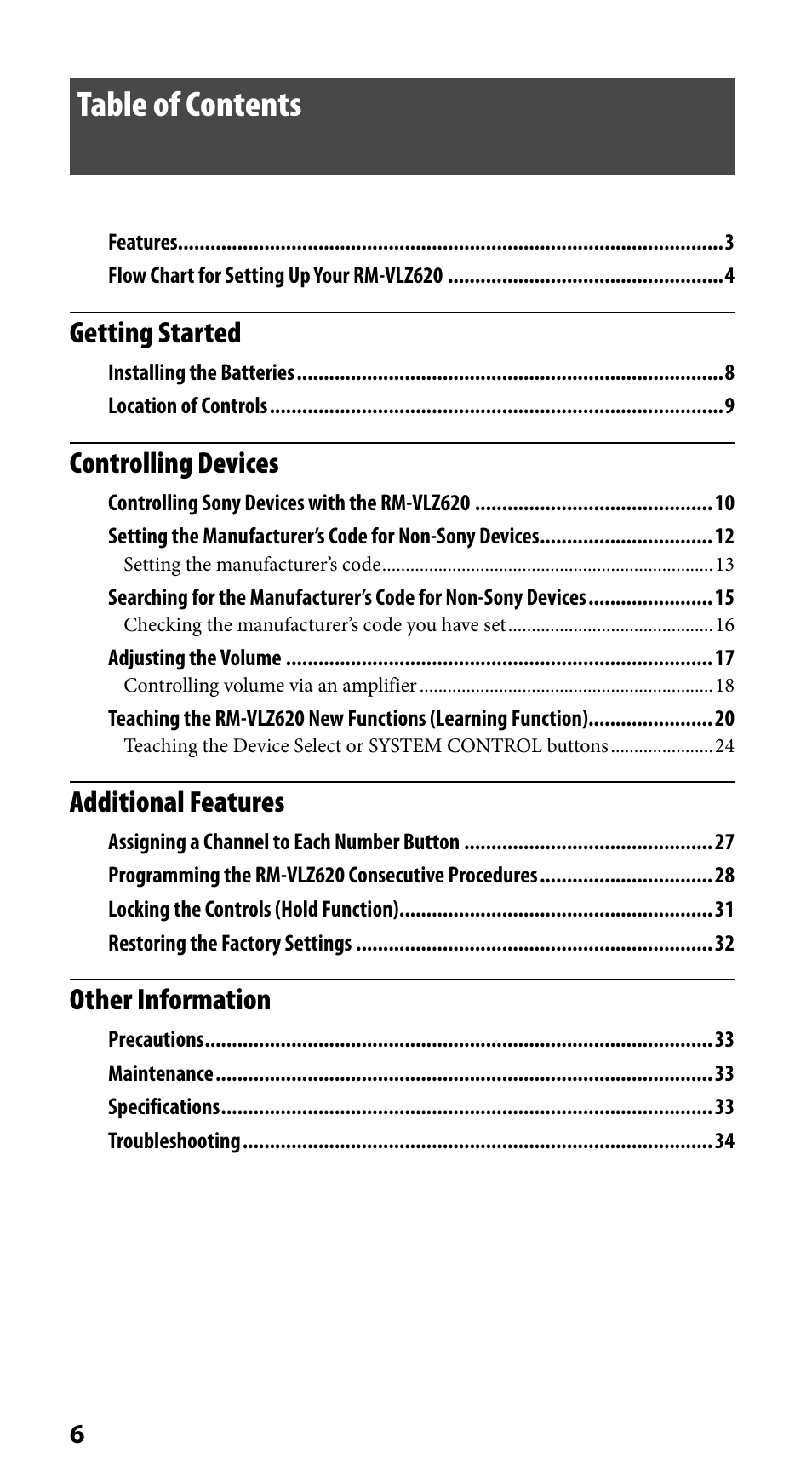 Sony RM-VLZ620 User Manual | Page 6 / 52