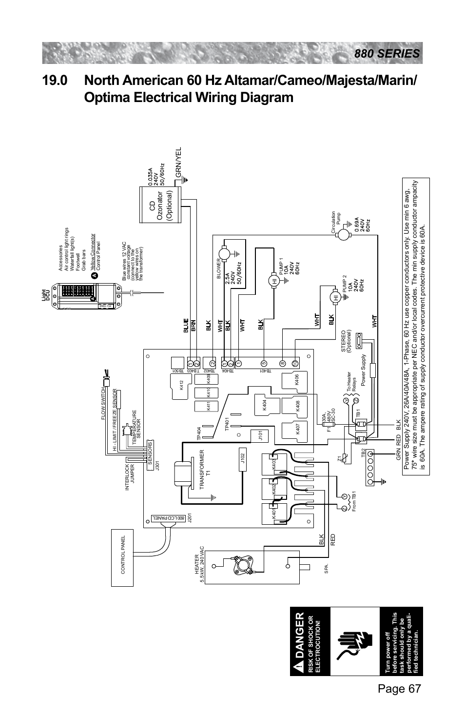 0 north american 60 hz altamar/cameo, Majesta/marin/optima electrical