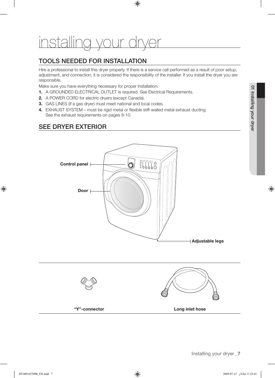 Installing your dryer | Samsung DV407AG* User Manual | Page 7 / 76