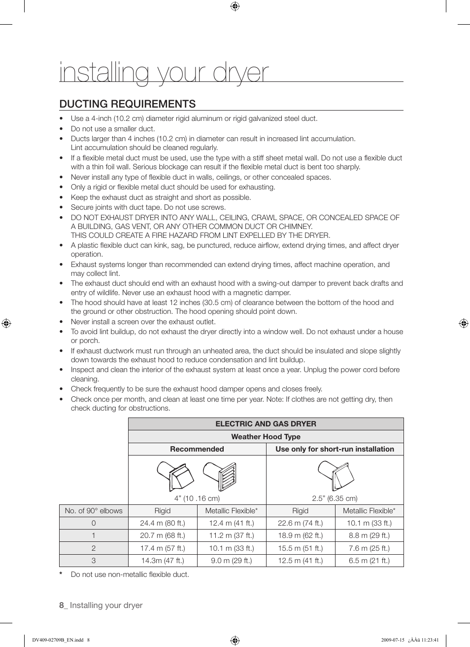 Installing your dryer, Ducting requirements | Samsung DV407AG* User