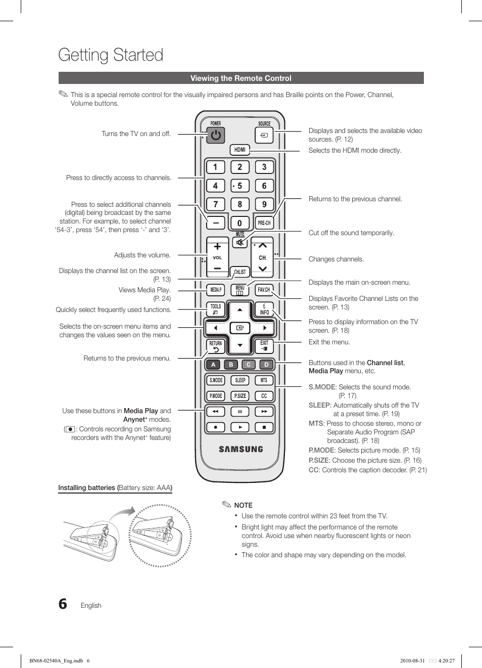 Getting started | Samsung 540 User Manual | Page 6 / 41