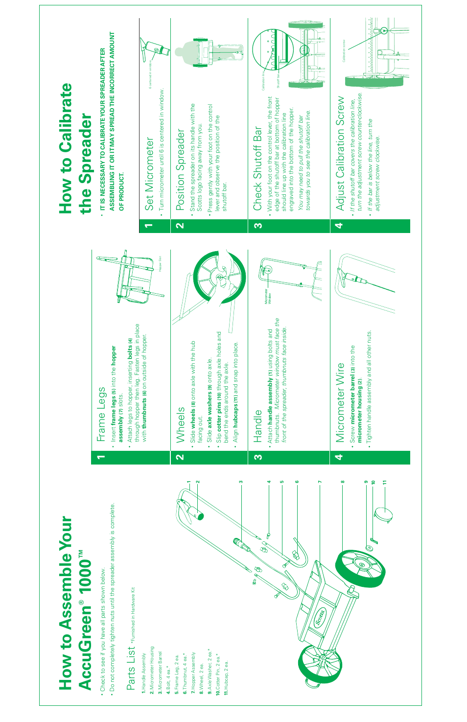 Parts list, Frame l egs, Handle | Scotts ACCUGREEN 1000 User Manual | Page 2 / 2