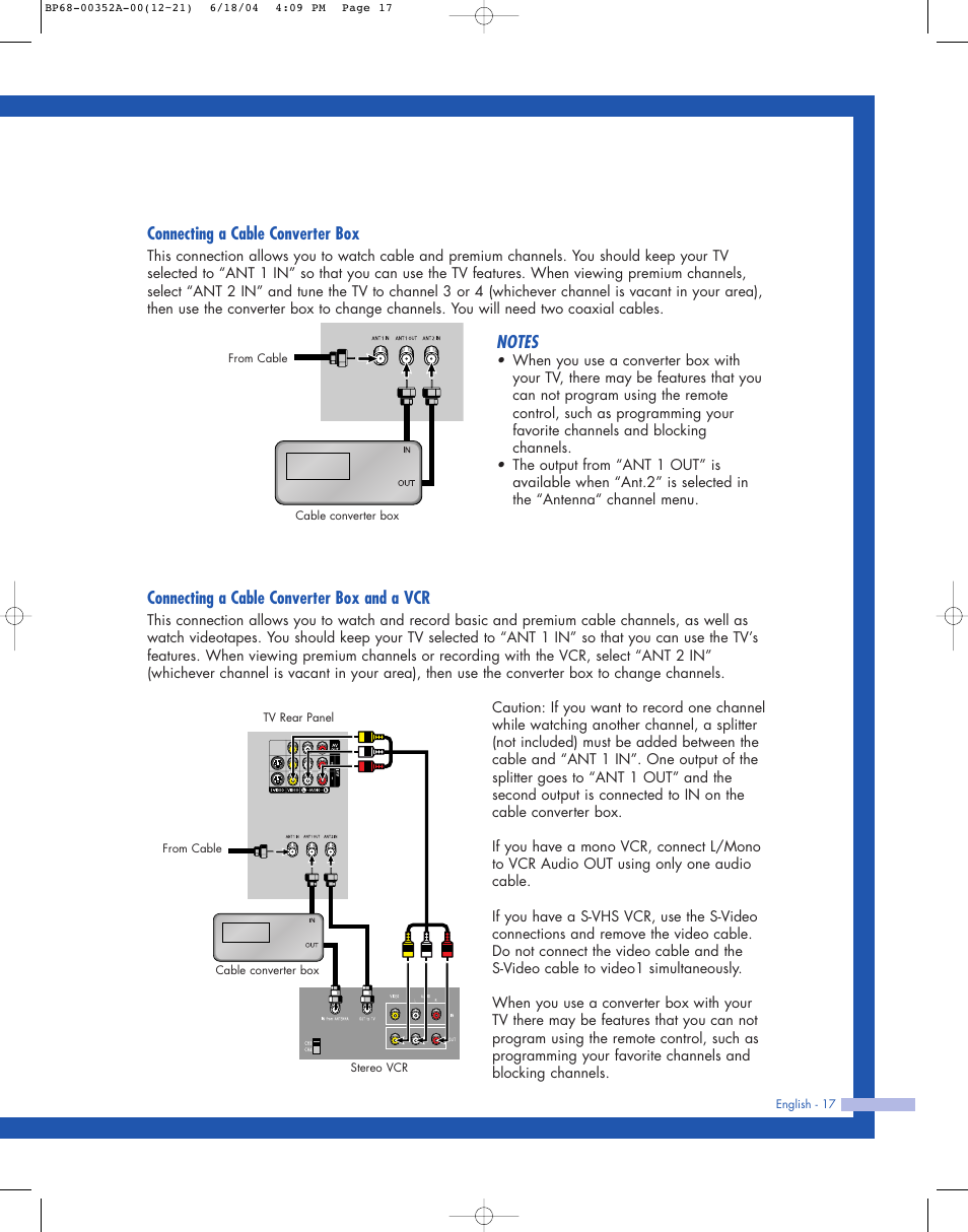 Connecting a cable converter box, Connecting a cable converter box and