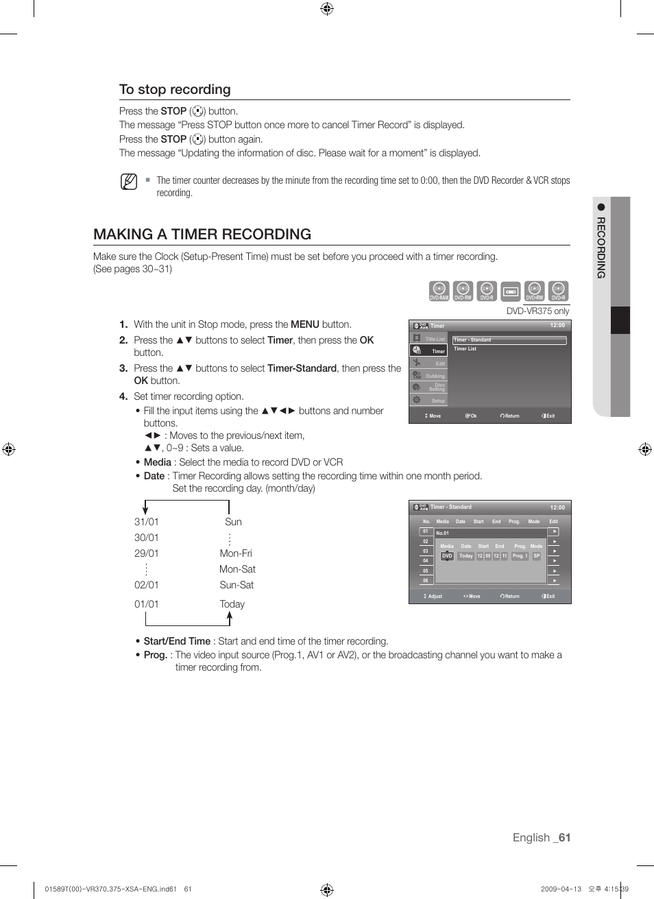 Making a timer recording, Xcv kl, English | Samsung DVD-VR375 User