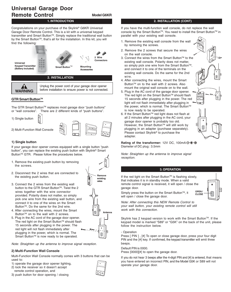 Skylink Universal Garage Door G6kr User Manual 2 Pages
