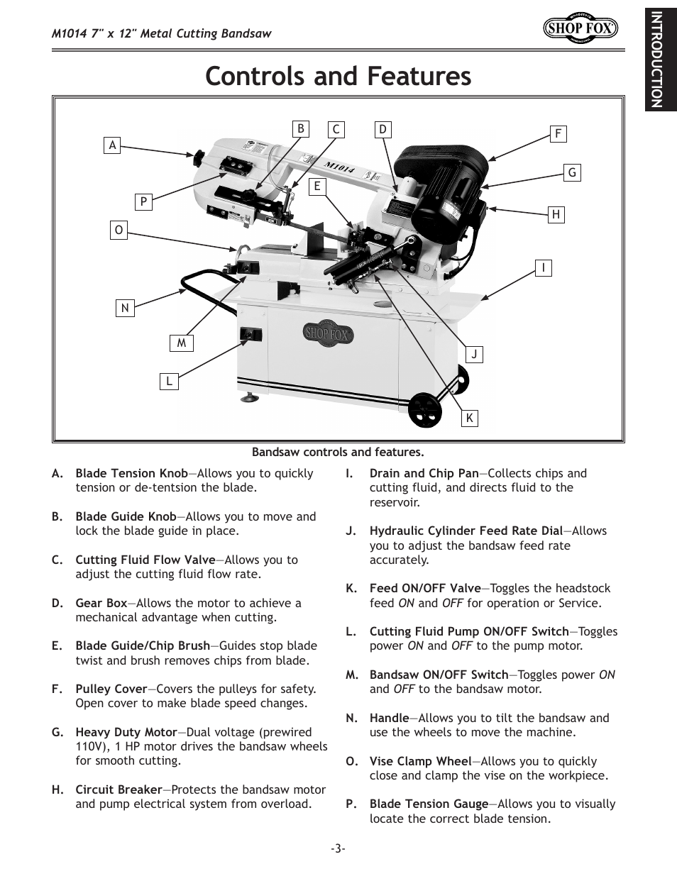 Controls and features | Woodstock SHOP FOX M1014 User Manual | Page 5 / 52