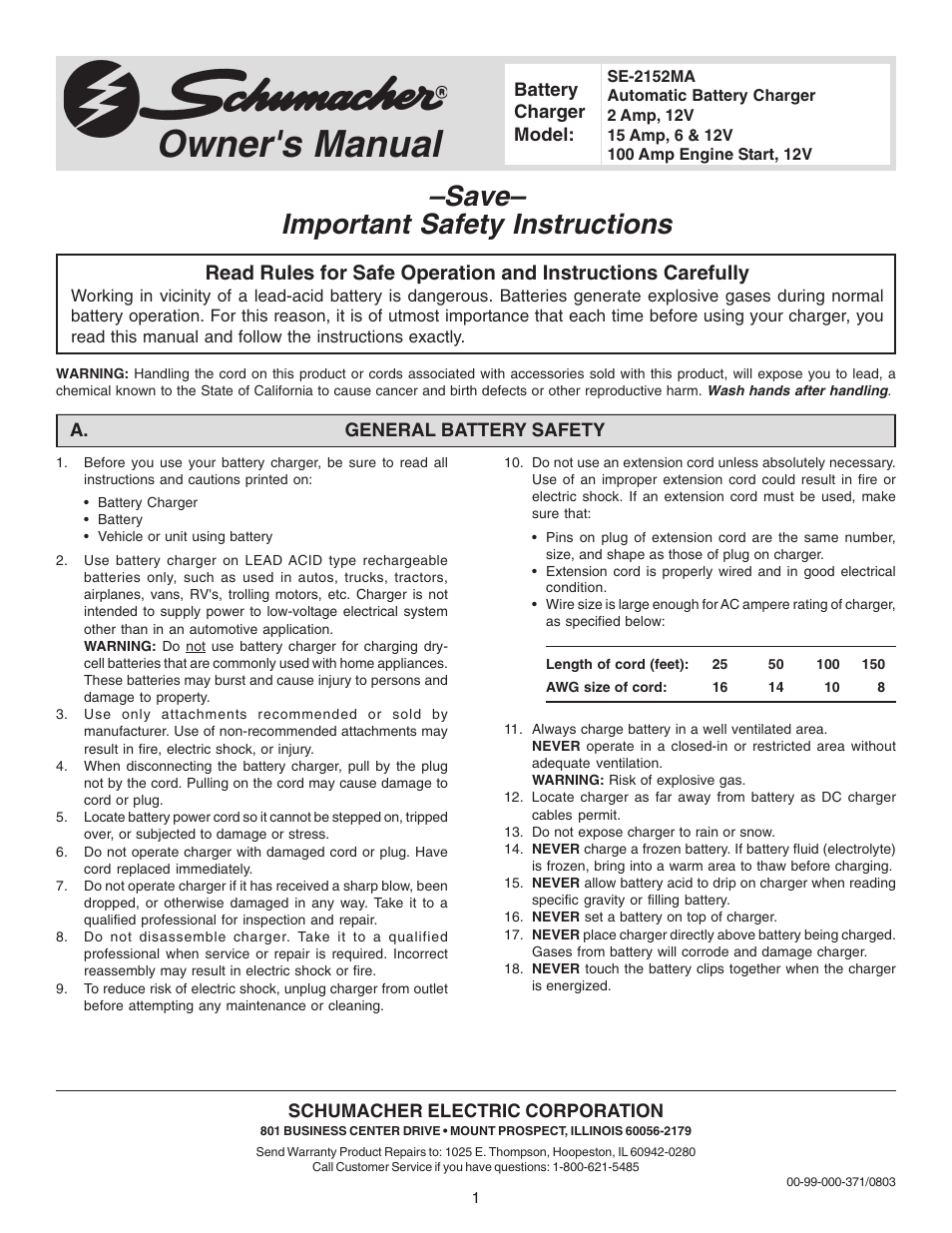 Schumacher SE-2152MA User Manual | 8 pages