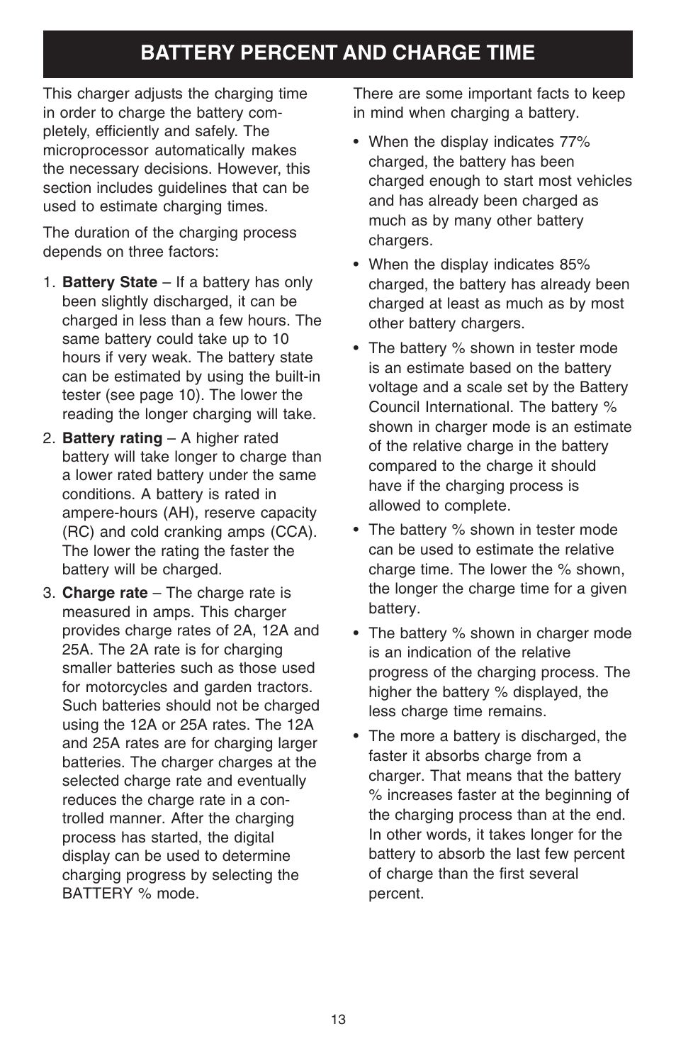 Battery percent and charge time | Schumacher 2500A User Manual | Page