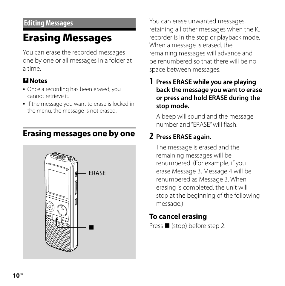 Editing messages, Erasing messages, Erasing messages one by one | Sony