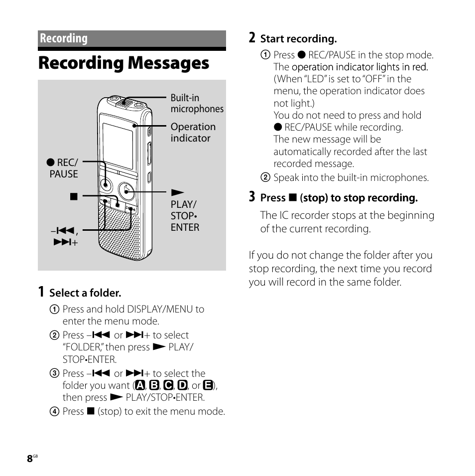Recording, Recording messages | Sony ICD-PX720 User Manual | Page 8 / 60
