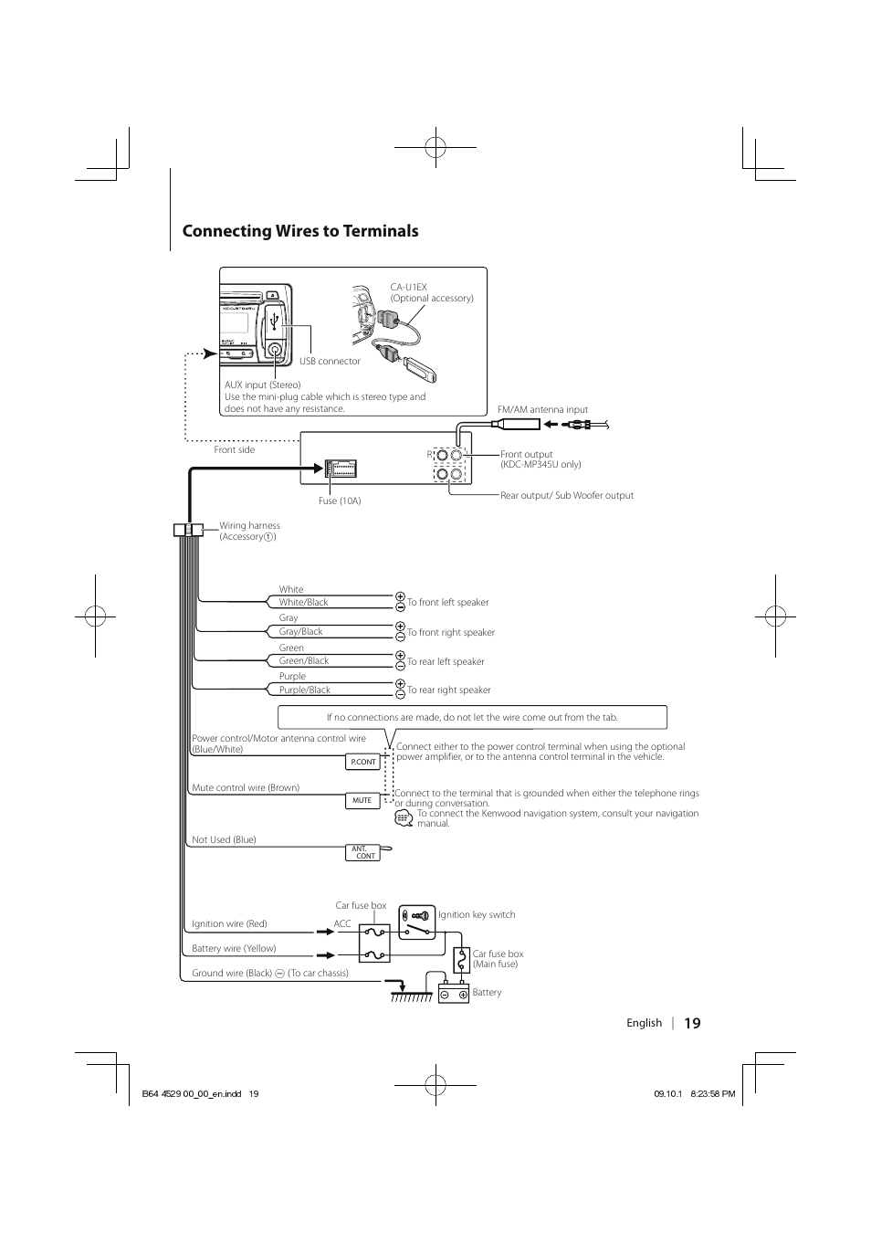 Connecting wires to terminals Kenwood KDCMP345U User Manual Page
