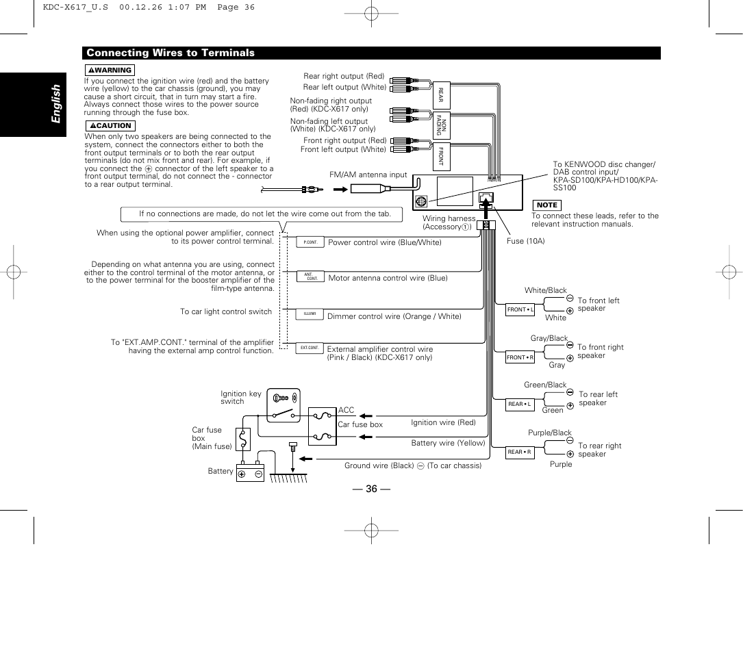 connecting wires to terminals, english, 36 connecting wires to