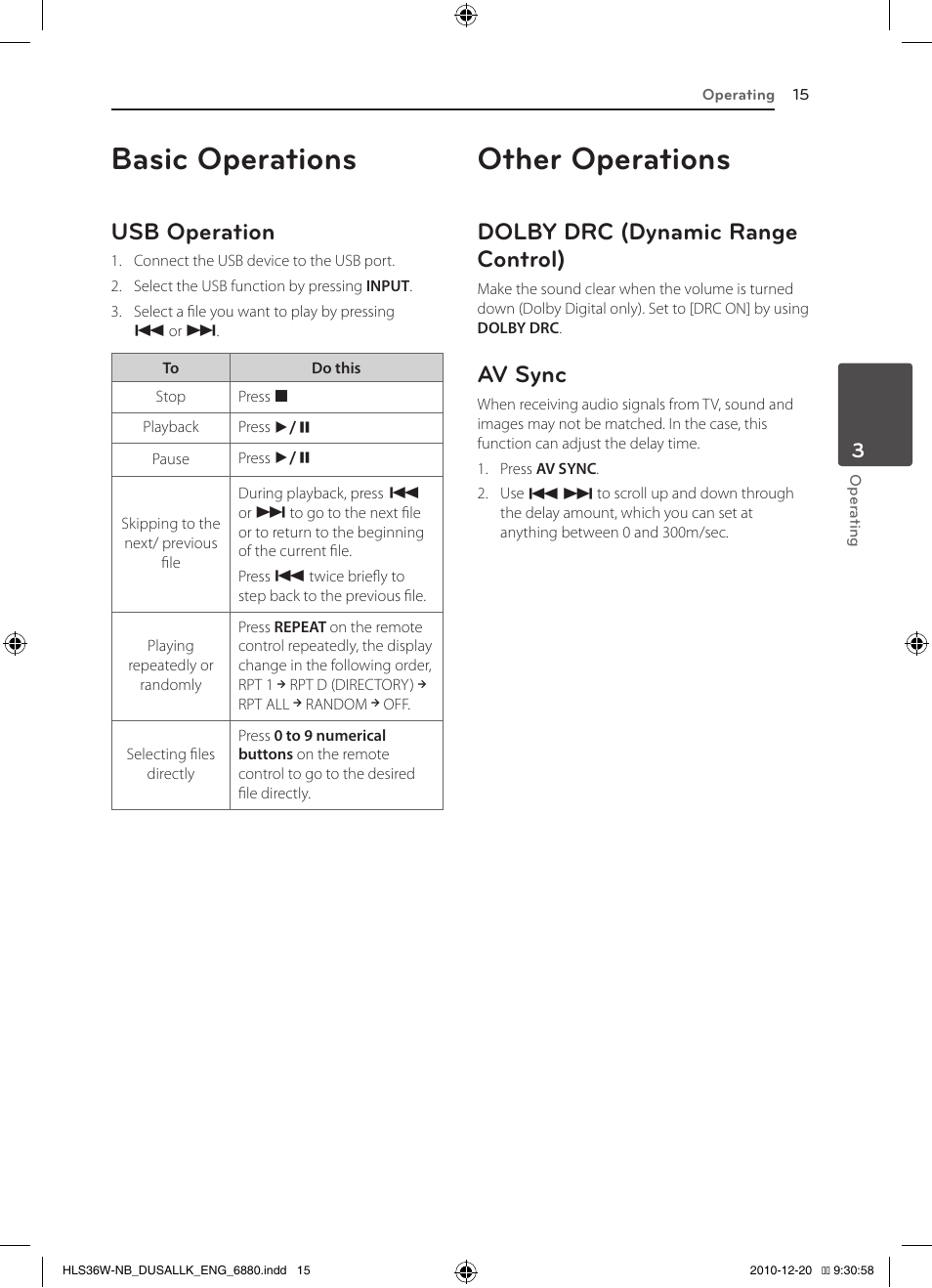 Basic operations, Other operations, Usb operation | LG SPEAKER SOUND