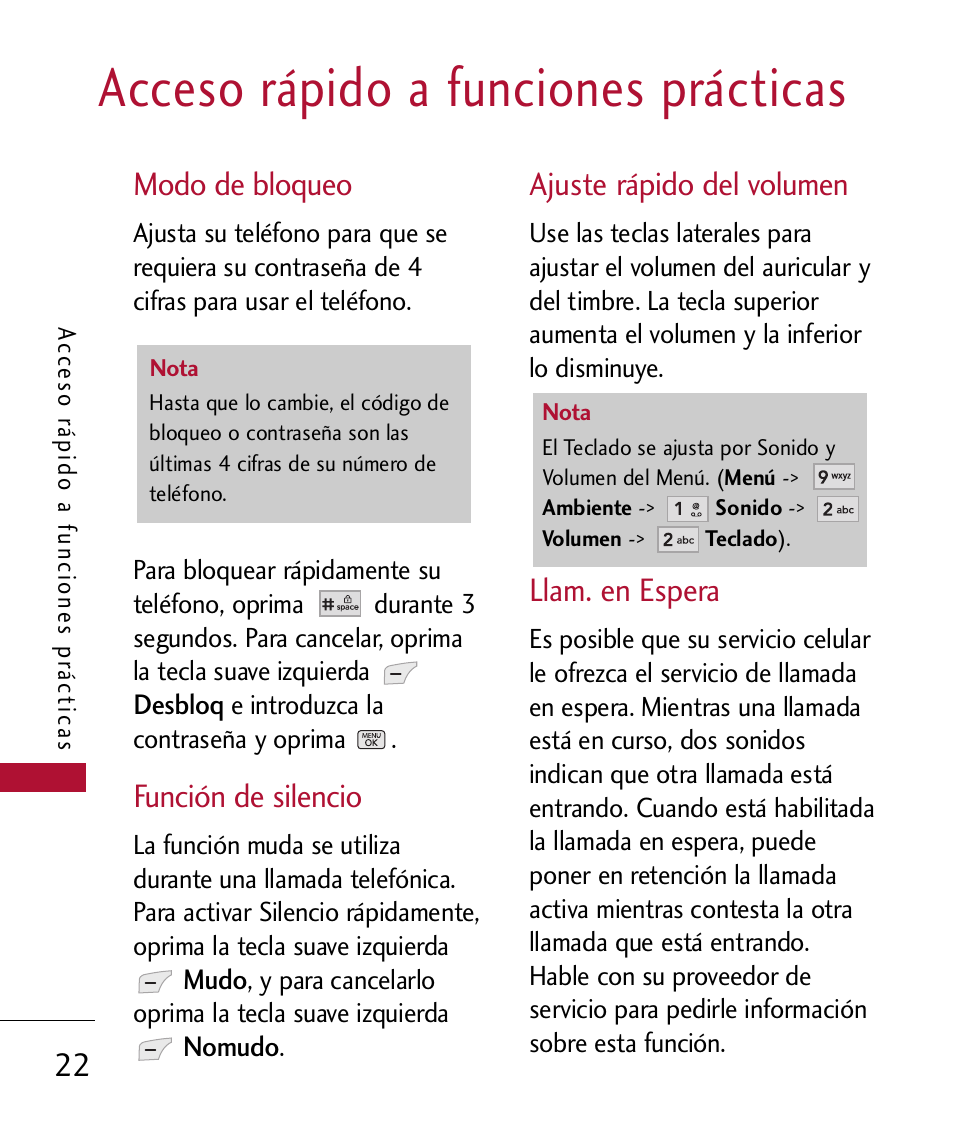 Acceso r?ido a funciones pr, Modo de bloqueo, Funci? de silencio
