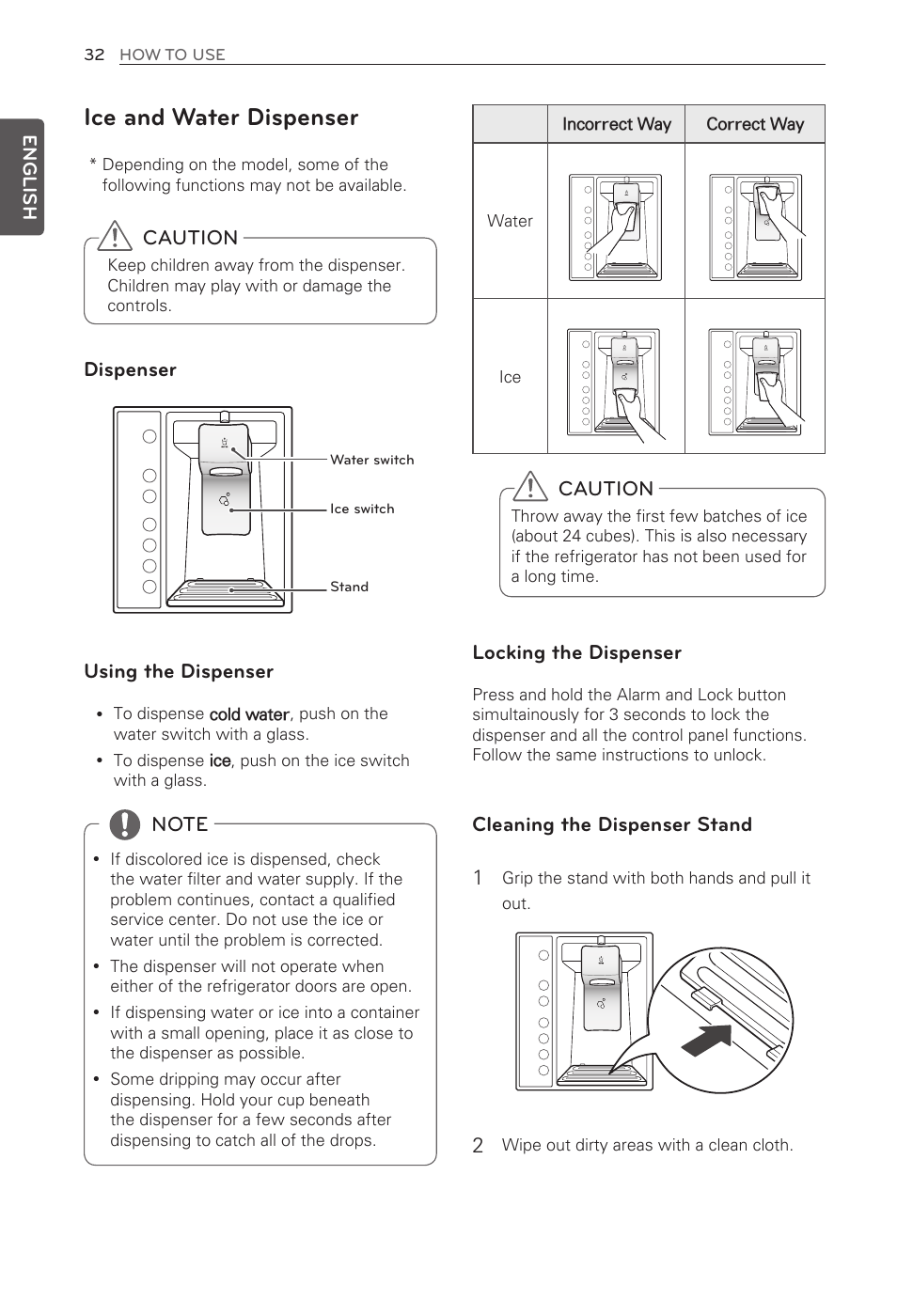 Ice and water dispenser, Caution, Dispenser | LG French Door