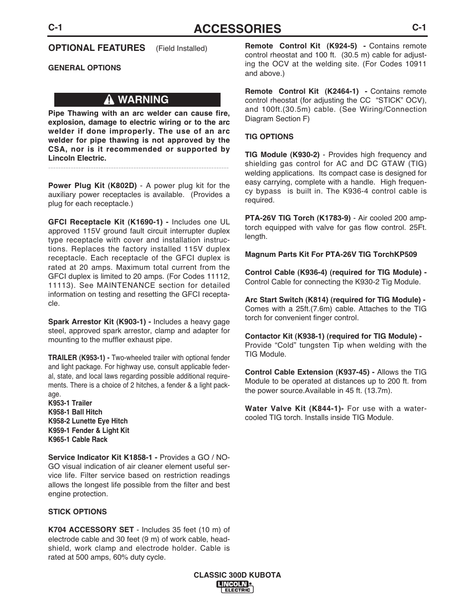 Accessories, Warning | Lincoln Electric CLASSIC 300D KUBOTA IM843-C User Manual | Page 16 / 37